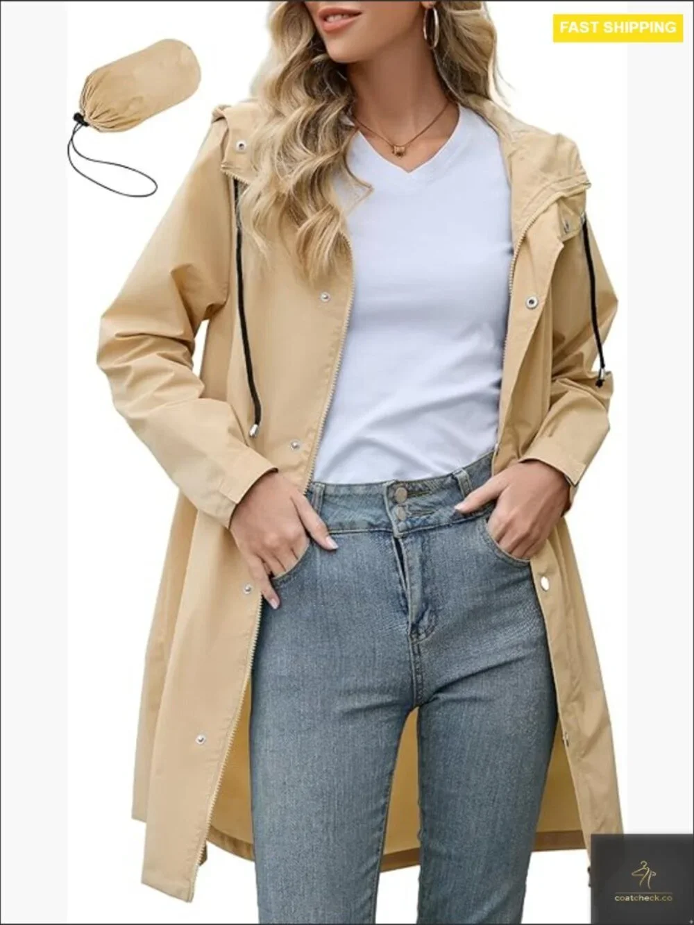 Long Packable Rain Jacket Waterproof Lightweight Windbreaker Hooded Trench Style
